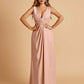 Sexy Satin Deep V-neck Long Bridesmaid Dresses A-line Pleats Sleeveless Floor Length
