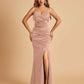 Sexy Satin Mermaid Bridesmaid Dresses Spaghetti Straps V-neck Side Slit Floor Length