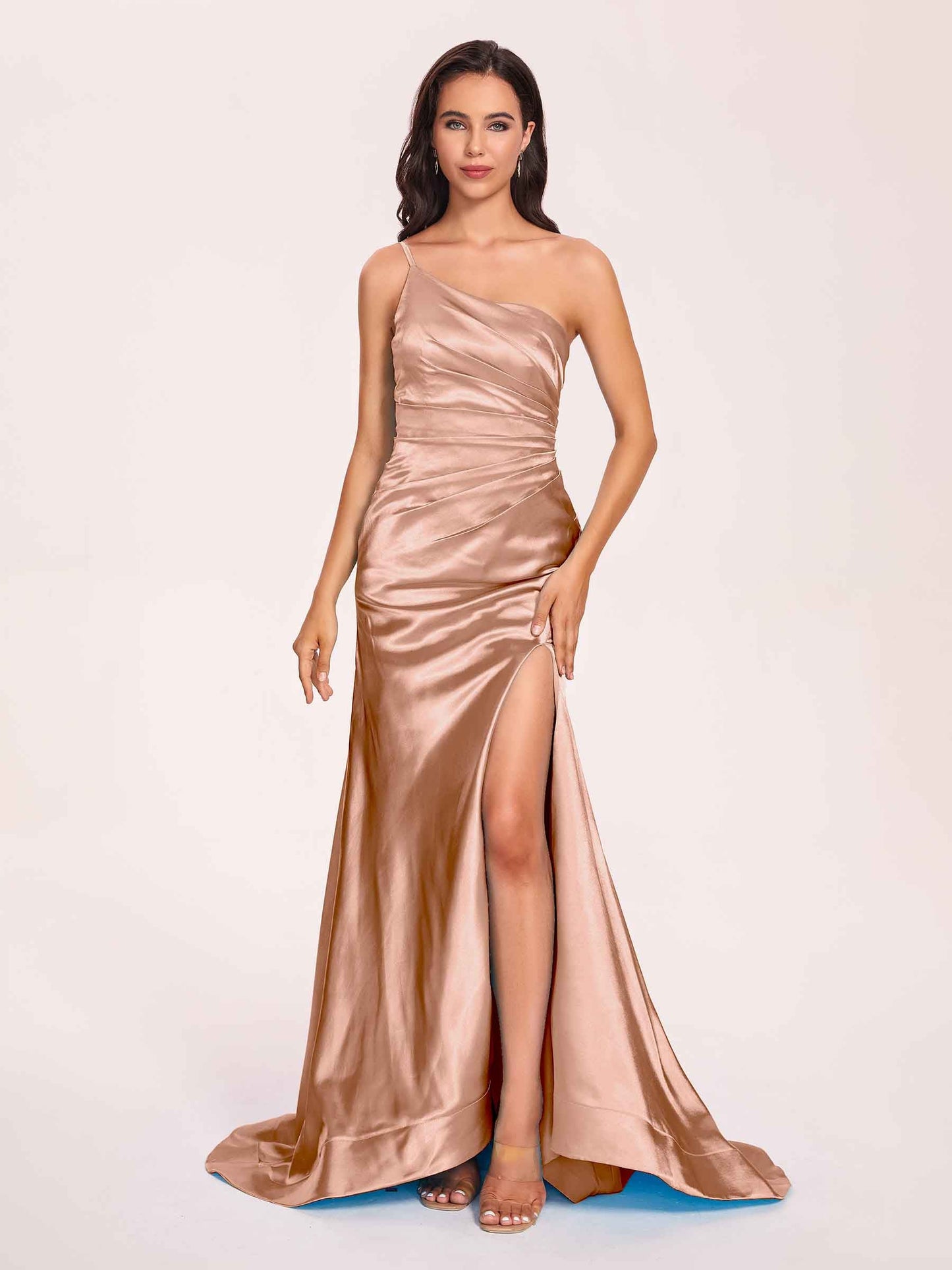 Satin One-shoulder Mermaid Prom Dresses Side Slit Pleats Floor Length