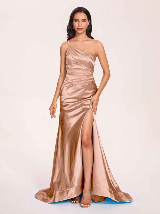 Satin One-shoulder Mermaid Bridesmaid Dresses Side Slit Pleats Floor Length