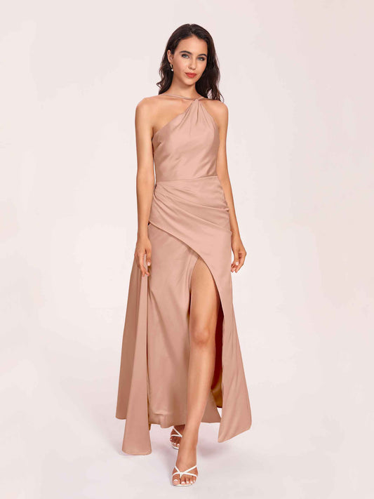 Sexy Satin Halter Strap Sheath Bridesmaid Dresses Side Slit Pleats Floor Length