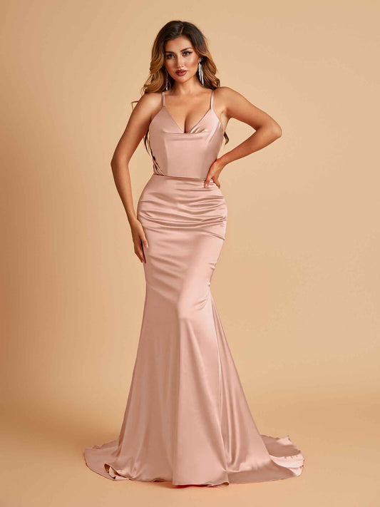 Sexy Satin Mermaid Bridesmaid Dresses Spaghetti Straps V-neck Pleats Floor Length
