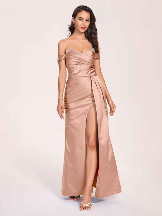Elegant Satin Off Shoulder Bridesmaid Dresses Side-slit Sweetheart Floor Length Sheath