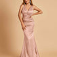 Sexy Satin Criss-cross Back Prom Dresses Mermaid Deep V-neck Back Pleats Floor Length