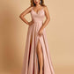Satin A-line Long Prom Dresses Spaghetti Straps V-neck Side Slit Floor Length