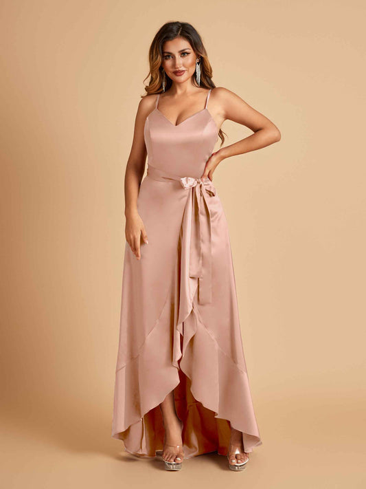 Satin Asymmetric V-neck Bridesmaid Dresses Sleeveless Side Slit A-line Unique