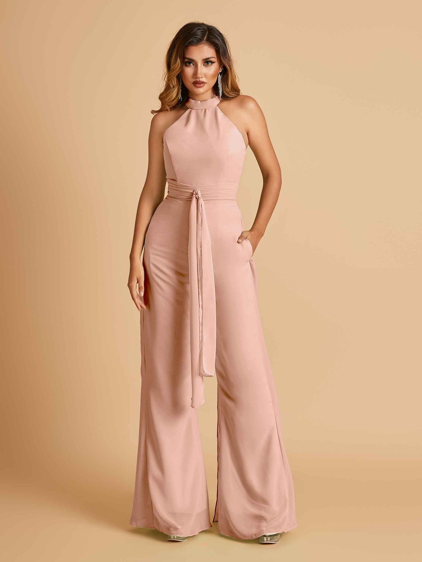 Chiffon Prom Jumpsuit Jewel Neck Sleeveless Floor Length With Pockets
