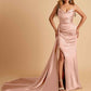 Sexy Satin Sheath Bridesmaid Dresses Strapless Sweetheart Side Slit With Train