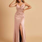 Sexy Satin Sheath Prom Dresses Spaghetti Straps V-neck Side Slit Pleats Floor Length
