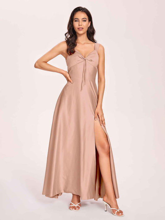 Satin V-neck A-line Bridesmaid Dresses Side slit Floor Length