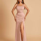 Satin Mermaid Long Bridesmaid Dresses Spaghetti Straps Scoop Side Slit Criss-cross Back For Sale