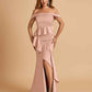 Satin Mermaid Off Shoulder Bridesmaid Dresses With Ruffles Side Slit Floor Length