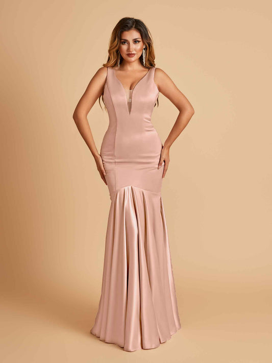 Satin Deep V-neck Mermaid Bridesmaid Dresses Half Open Back Floor Length