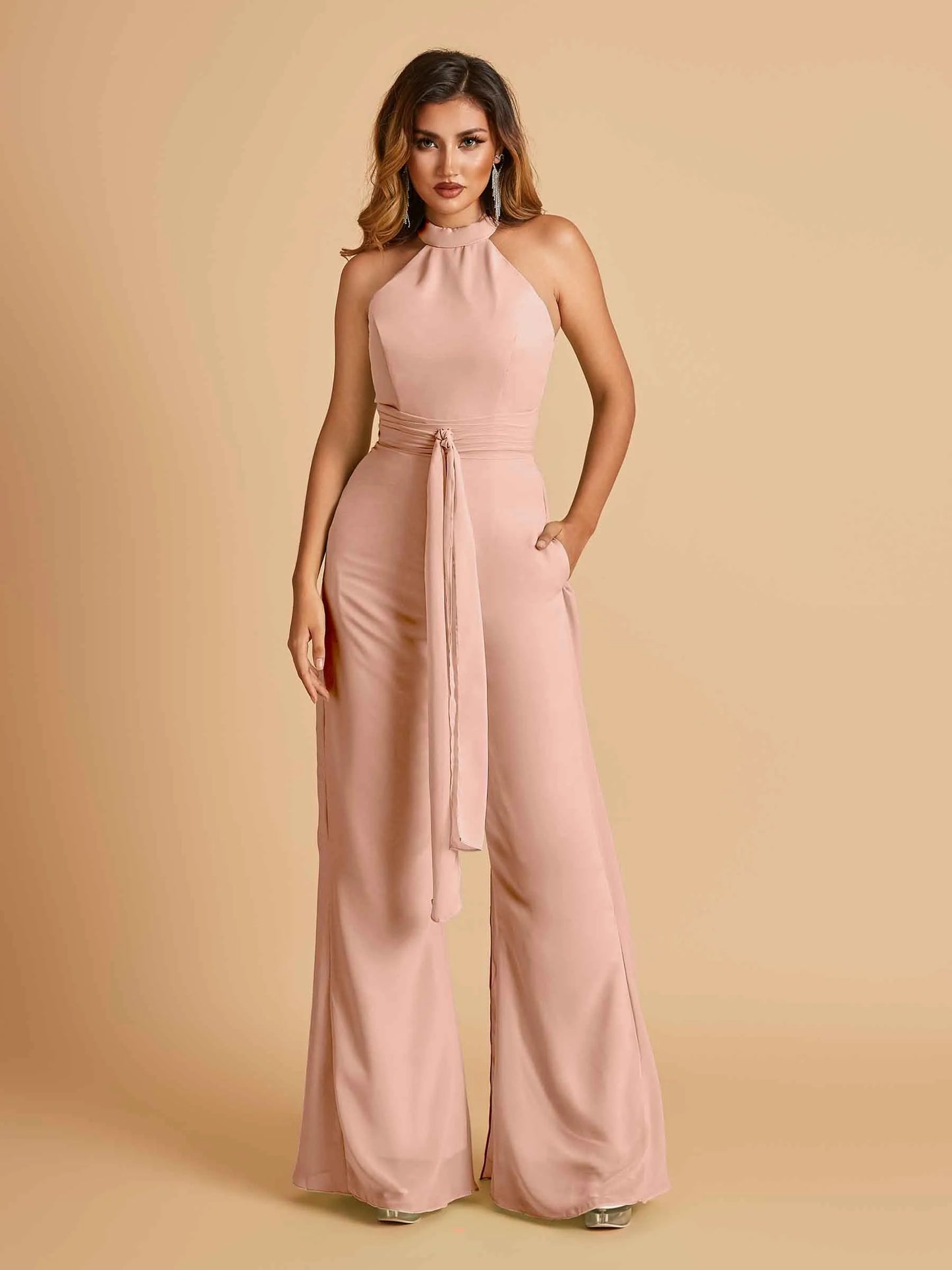 Chiffon Bridesmaid Jumpsuit Jewel Neck Sleeveless Floor Length With Pockets For Sale