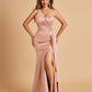 Satin One Shoulder Mermaid Bridesmaid Dresses Side Slit Floor Length