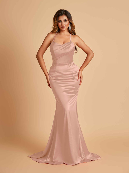 Sexy Satin Mermaid Bridesmaid Dresses Spaghetti Straps Scoop Criss-cross Back