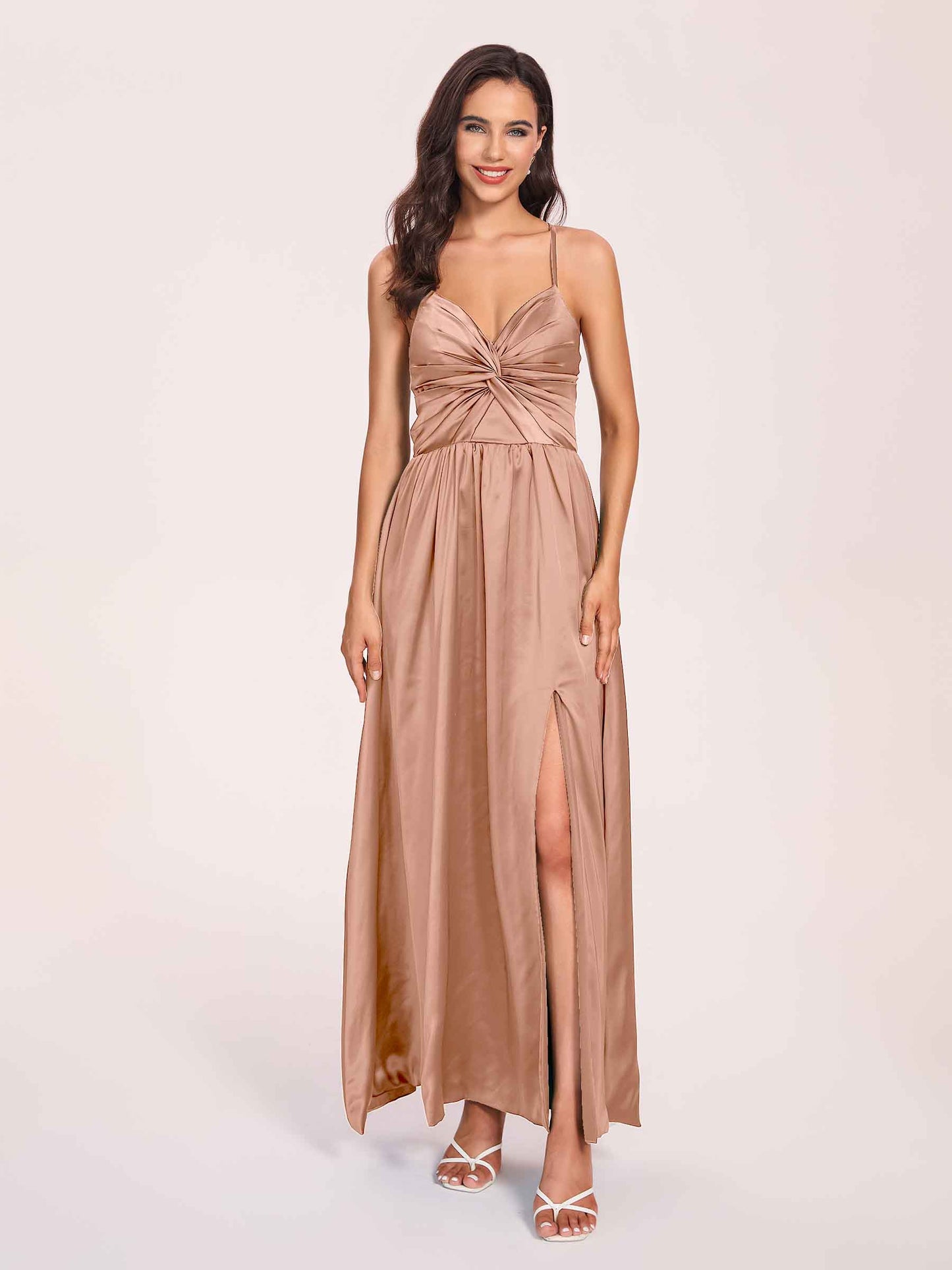 Satin Spaghetti Straps A-line Bridesmaid Dresses Side Slit Floor Length