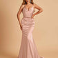 Sexy Satin Mermaid Prom Dresses Spaghetti Straps V-neck Pleats Floor Length