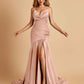Sexy Satin Mermaid Open Back Prom Dresses Spaghetti Straps V-neck Side Slit