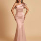 Satin One-shoulder Bridesmaid Dresses Ruffle Sleeves Mermaid Floor Length For Sale
