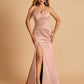 Sexy Mermaid Bridesmaid Dresses Spaghetti Straps Satin Side Slit Pleats Floor Length