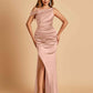 Unique Satin One Shoulder Bridesmaid Dresses Side Slit Half Open Back Floor Length