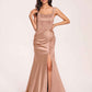 Sexy Satin Square Mermaid Prom Dresses Pleats Side-Slit Floor-Length Sleeveless