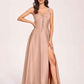 Satin V-neck A-line Prom Dresses Side slit Floor Length