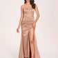 Sexy Satin One-shoulder Prom Dresses Side Slit Sheath Floor Length Long
