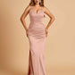 Satin Mermaid Long Bridesmaid Dresses Spaghetti Straps V-neck Side Slit Floor Length