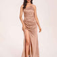 Satin Halter Pleats Sheath Prom Dresses Side-Slit Floor Length Sleeveless