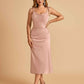Sexy Satin Midi Bridesmaid Dresses Spaghetti Straps Slip Scoop Side Slit