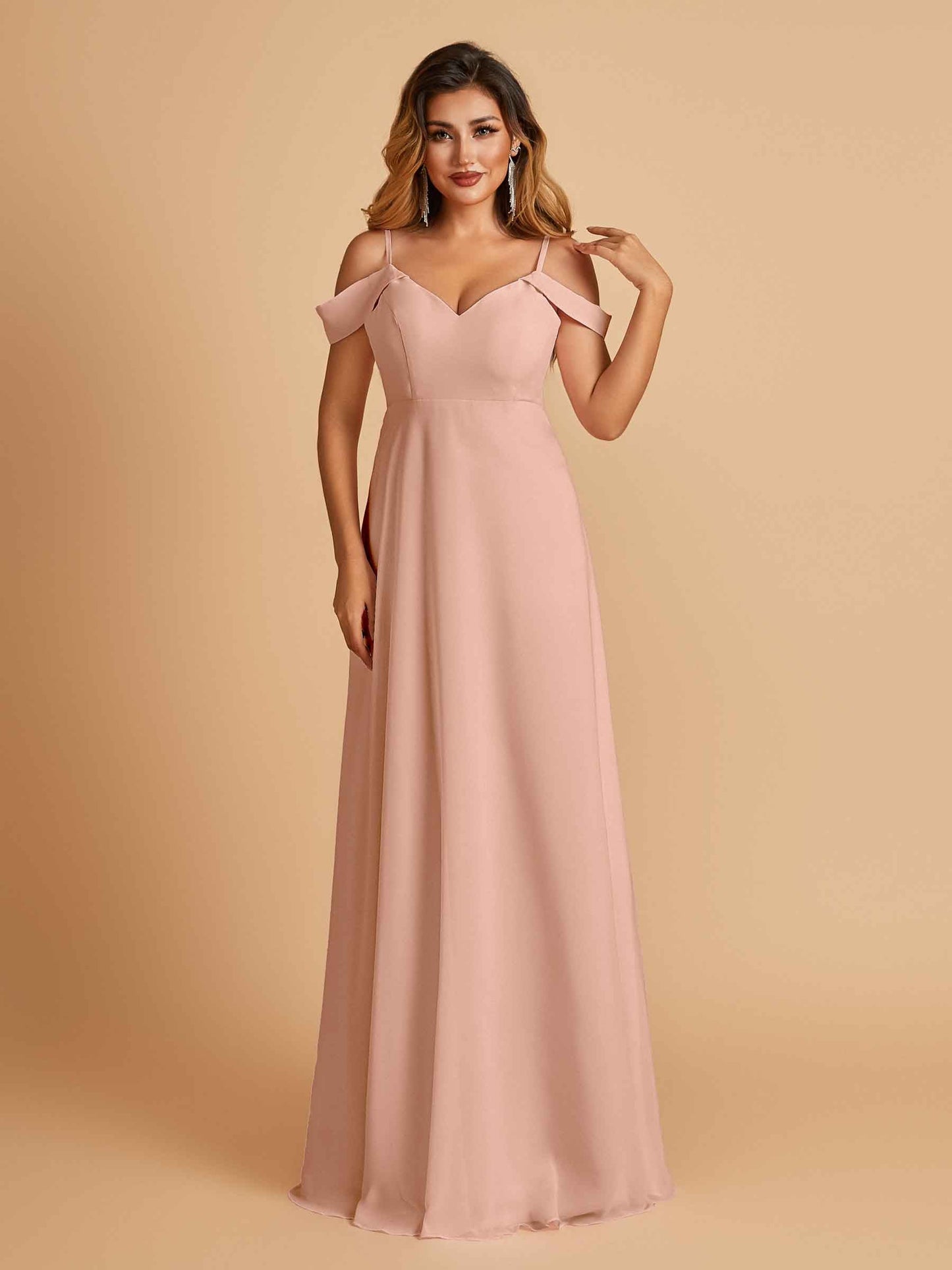 Chiffon Off-shoulder Long Bridesmaid Dresses V-neck Floor Length A-line For Sale