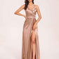 Sexy Satin A-line Prom Dresses Spaghetti Straps Side Slit V-neck Floor Length