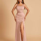 Satin Mermaid Long Bridesmaid Dresses Spaghetti Straps Scoop Side Slit Criss-cross Back