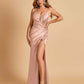 Sexy Satin Spaghetti Straps Prom Dresses V-neck Side Slit Pleats Floor Length Sheath