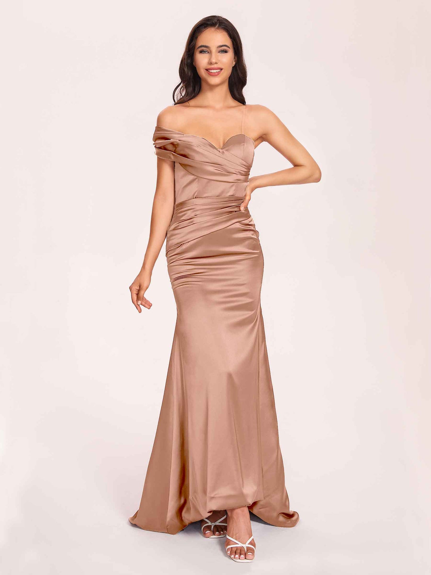 Satin One-shoulder Bridesmaid Dresses Pleats Floor Length Mermaid Long