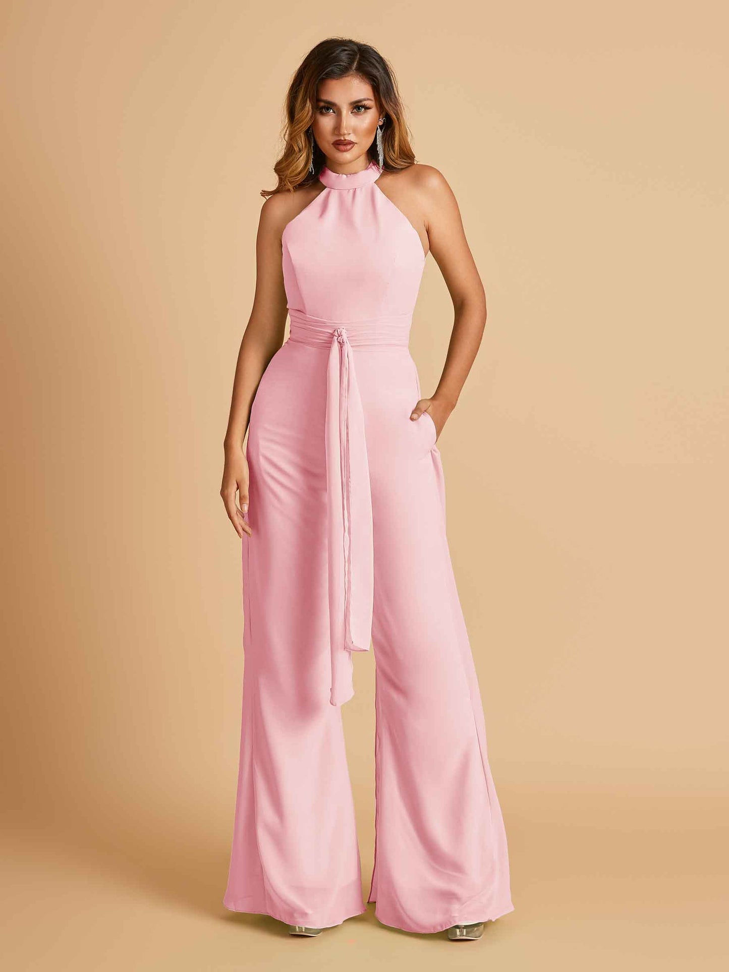 Chiffon Bridesmaid Jumpsuit Jewel Neck Sleeveless Floor Length With Pockets