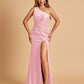 Unique Satin One Shoulder Sheath Bridesmaid Dresses Open Back Side Slit Floor Length