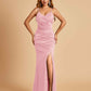 Sexy Satin Mermaid Bridesmaid Dresses Spaghetti Straps V-neck Side Slit Floor Length