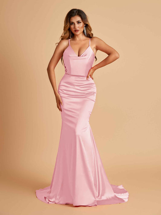 Sexy Satin Mermaid Bridesmaid Dresses Spaghetti Straps V-neck Pleats Floor Length