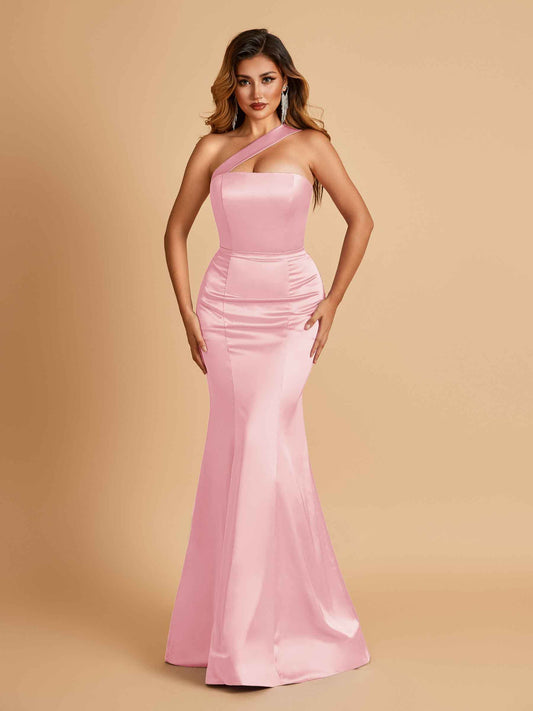 Sexy Satin Mermaid Bridesmaid Dresses One Shoulder Floor Length