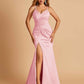 Sexy Mermaid Bridesmaid Dresses Spaghetti Straps Satin Side Slit Pleats Floor Length
