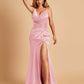 Sexy Satin Mermaid Prom Dresses Spaghetti Straps V-neck Side Slit Half Open Back
