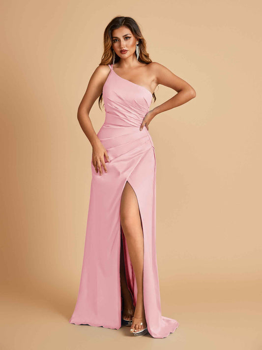 Satin One Shoulder Sheath Bridesmaid Dresses Spaghetti Straps Side Slit Floor Length