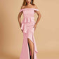 Satin Mermaid Off Shoulder Prom Dresses With Ruffles Side Slit Floor Length