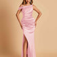 Unique Satin One Shoulder Bridesmaid Dresses Side Slit Half Open Back Floor Length