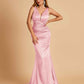 Sexy Satin Criss-cross Back Prom Dresses Mermaid Deep V-neck Back Pleats Floor Length