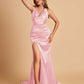 Sexy Satin Open Back Bridesmaid Dresses Mermaid V-neck Side Slit With Train