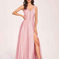 Satin V-neck A-line Prom Dresses Side slit Floor Length